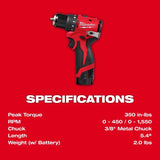Milwaukee tool M12 3/8 in. Brushless Cordless Drill/Driver Kit (Battery & Charger)