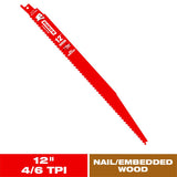 Diablo 12 in. Bi-Metal Reciprocating Saw Blade 4/6 TPI 1 pk