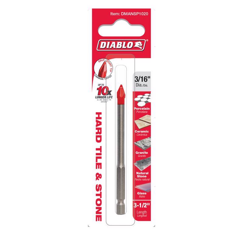 Diablo 3/16 in. X 3-1/2 in. L Carbide Tipped Tile and Stone Drill Bit Hex Shank 1 pk
