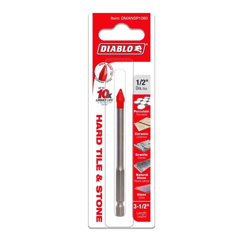 Diablo 1/2 in. X 3-1/2 in. L Carbide Tipped Tile and Stone Drill Bit Hex Shank 1 pk