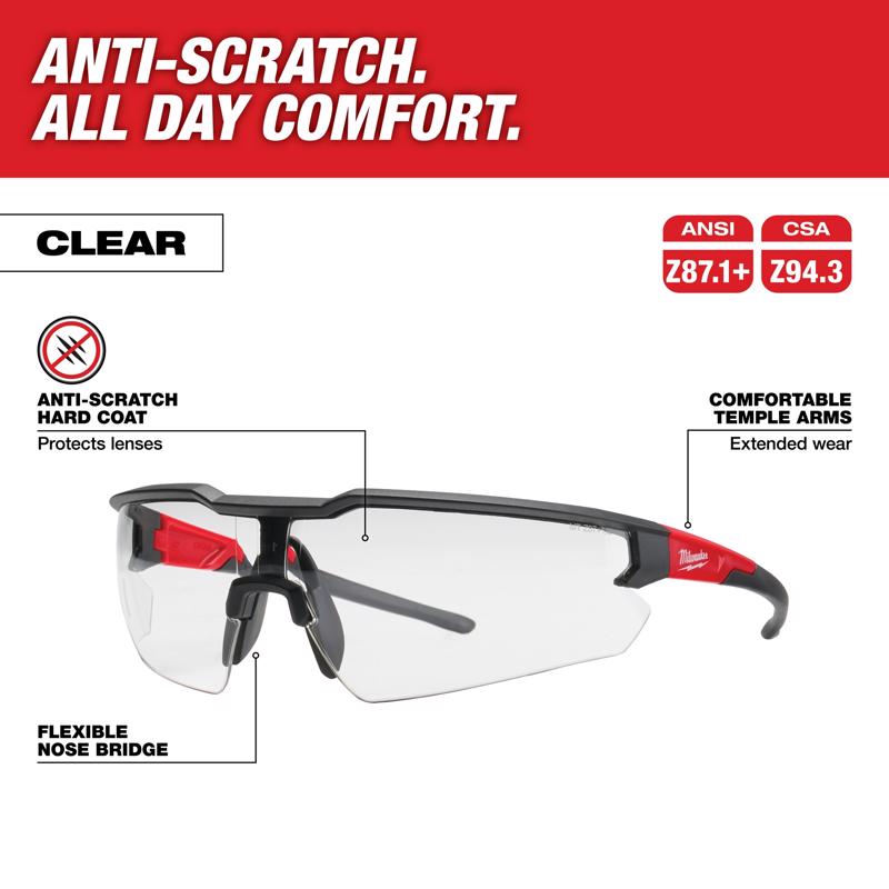 Milwaukee Safety Glasses Clear Lens Black/Red Frame 1 pk