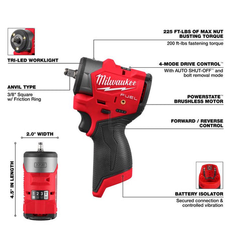 Milwaukee M12 FUEL 3/8 in. Cordless Brushless Subcompact Impact Wrench