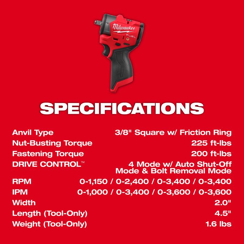Milwaukee M12 FUEL 3/8 in. Cordless Brushless Subcompact Impact Wrench