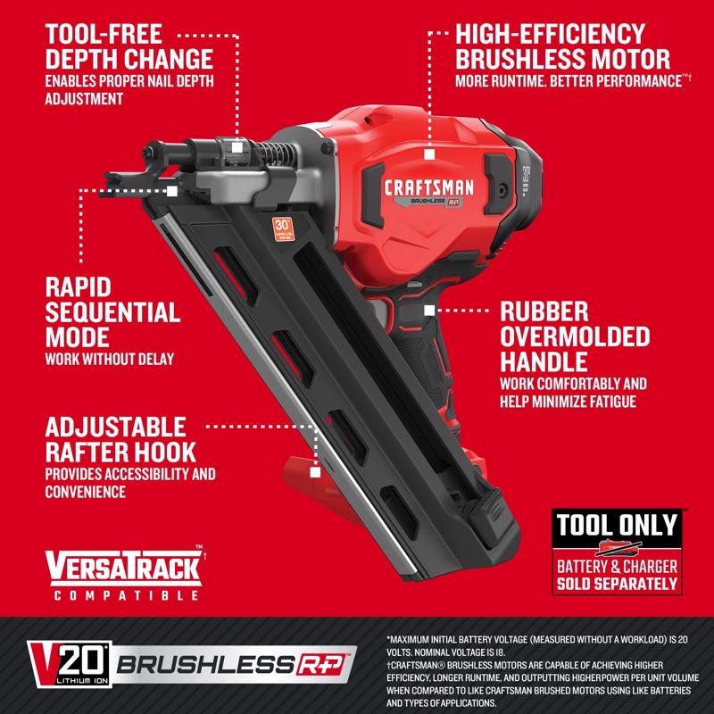 Craftsman V20 BRUSHLESS RP Cordless 30 deg Framing Nailer Tool Only