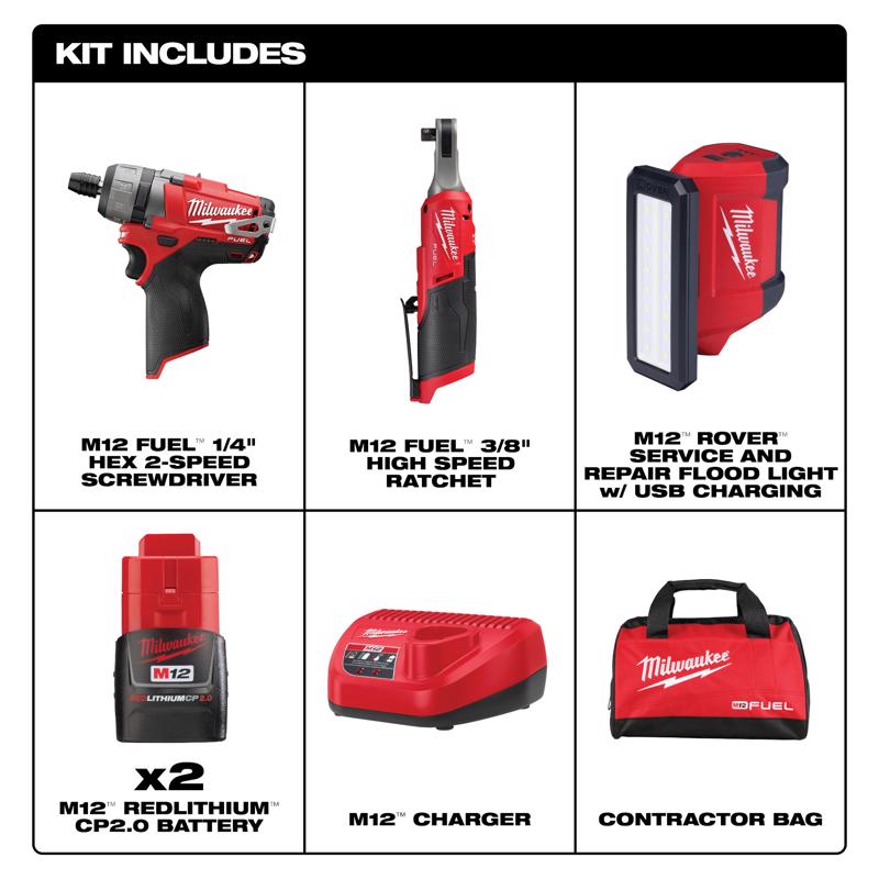 Milwaukee M12 Fuel Cordless Brushless 3 Tool Drill and Driver Kit