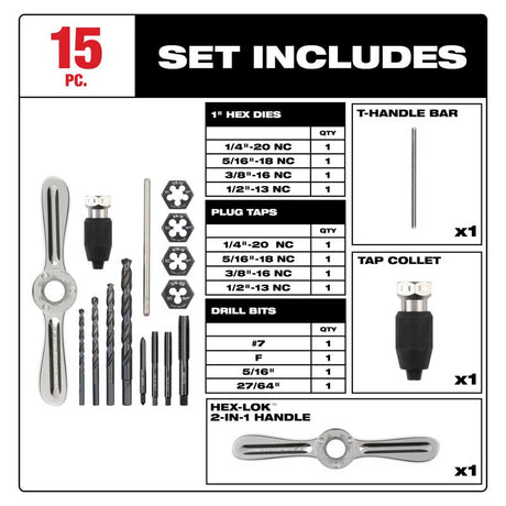 Milwaukee Hex Lok SAE Tap and Die Set 15 pc
