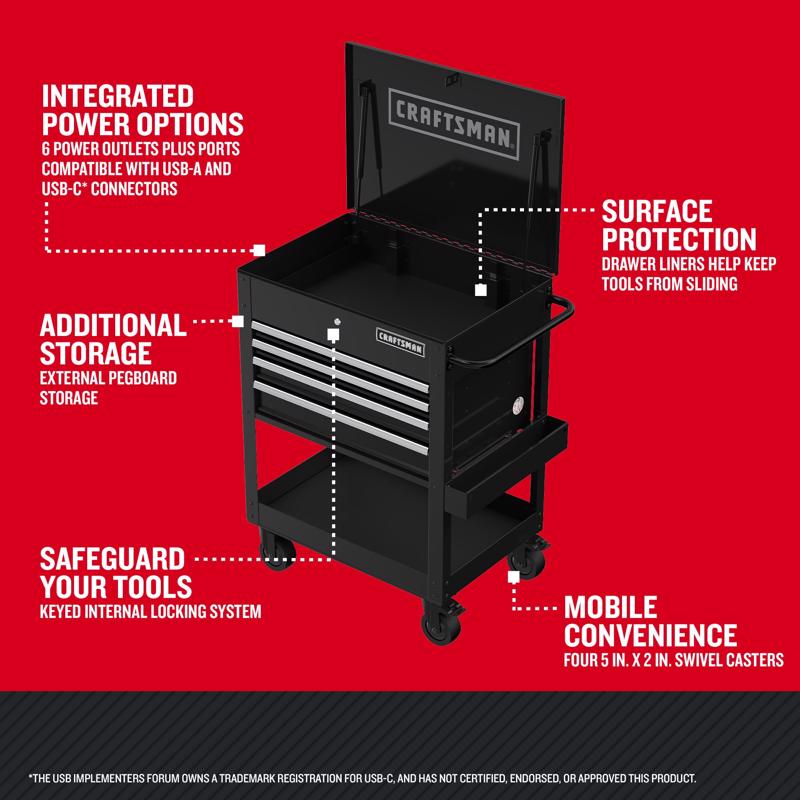 Craftsman 30 in. 4 drawer Metal Black Utility Cart Rolling Tool Cart 41.38 in. H X 22 in. D