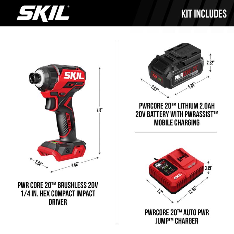 SKIL 20V PWRCORE 20 1/4 in. Cordless Brushless 3-Speed Impact Driver Tool Only