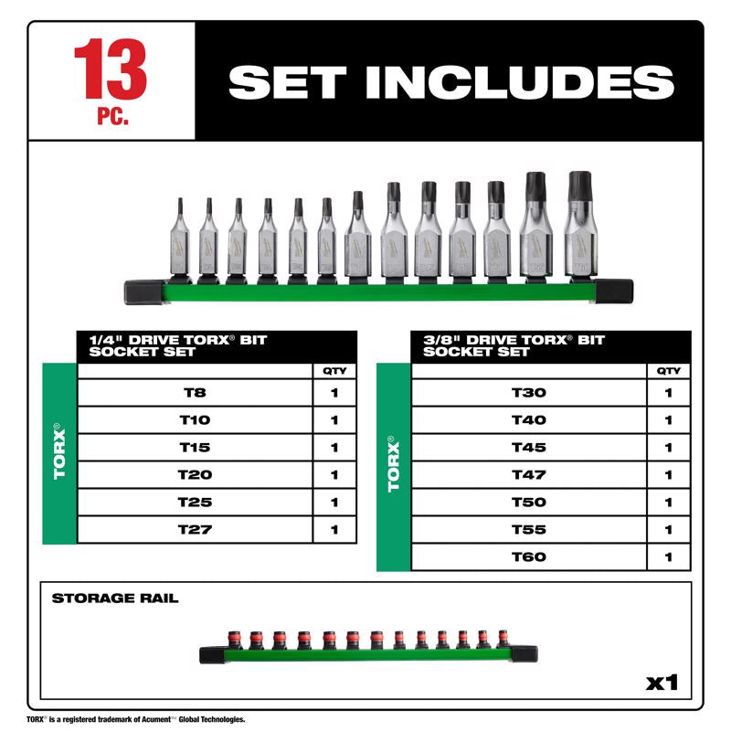 Milwaukee 1/4 and 3/8 in. drive SAE Torx Bit Socket Set 13 pc