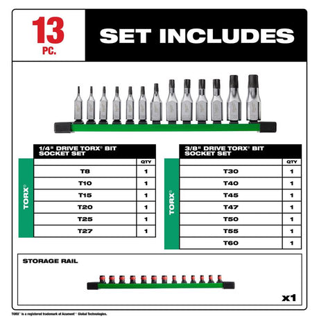 Milwaukee 1/4 and 3/8 in. drive SAE Torx Bit Socket Set 13 pc