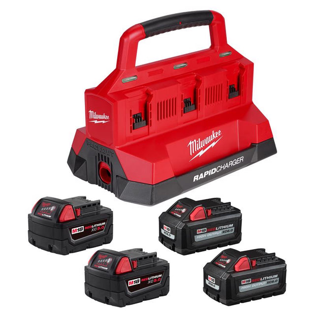 Milwaukee 18V Packout 6 Ah Lithium-Ion 6-Port Rapid Charge Battery and Charger 5 pc