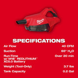 Milwaukee 0.2 gal Cordless Hand Vacuum Tool Only