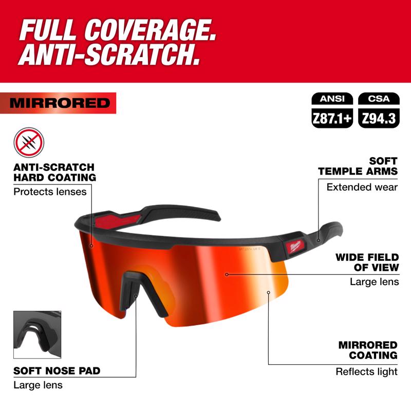 Milwaukee Wrap Around Safety Glasses Red Mirror Lens Black Frame 1 pair