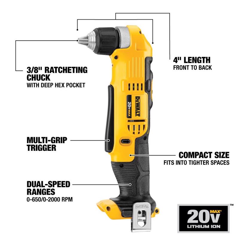 DeWalt 20V MAX 3/8 in. Brushed Cordless Right Angle Drill Tool Only