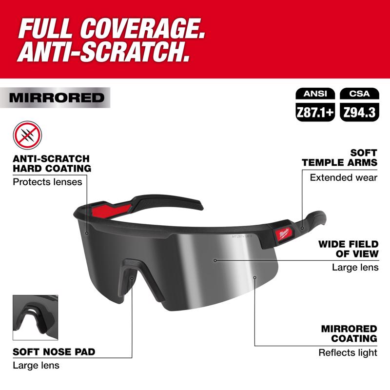 Milwaukee Wrap Around Safety Glasses Silver Mirror Lens Black Frame 1 pair