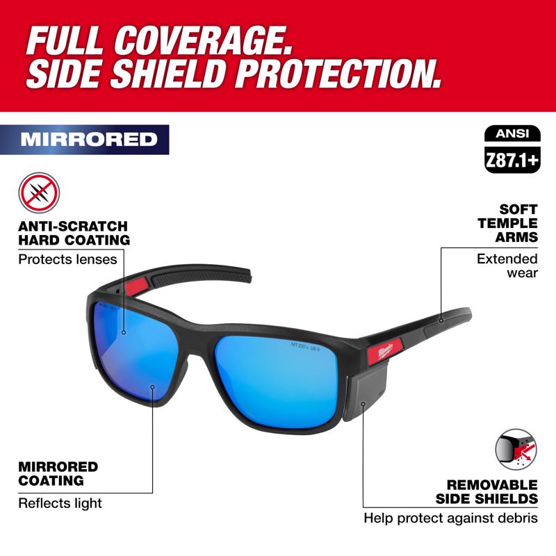 Milwaukee Full Frame Safety Glasses Blue Mirror Lens Black Frame 1 pair