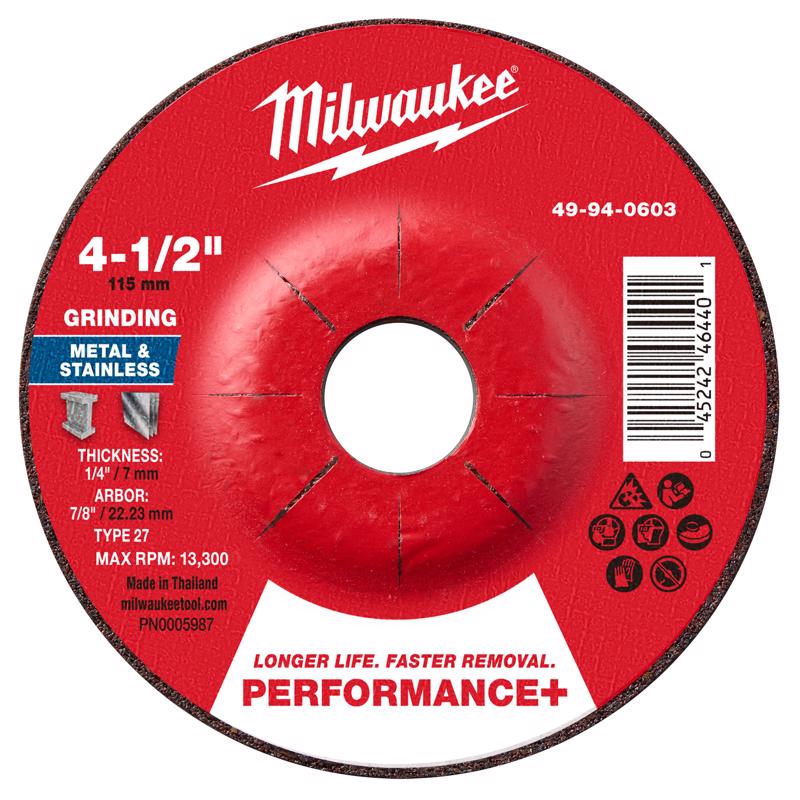 Milwaukee 4.5 in. D X 7/8 in. X 1/4 in. thick Metal Grinding Wheel 1 pk