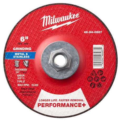 Milwaukee 6 in. D X 5/8-11 in. X 1/4 in. thick Metal Grinding Wheel 1 pk