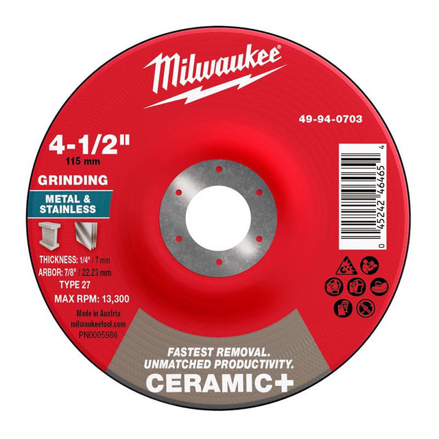 Milwaukee 4-1/2 in. D X 7/8 in. X 1/4 in. thick Metal Grinding Wheel 1 pk
