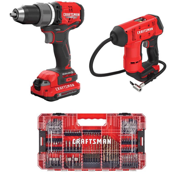 CRAFTSMAN V20  BRUSHLESS RP Drill/Driver Kit with 140 Pc Bit Set withV20 Inflator
