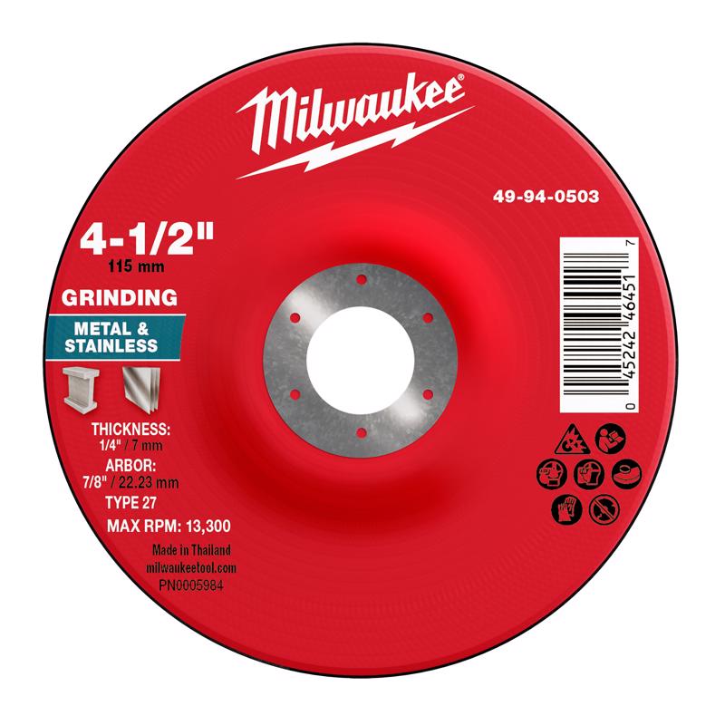 Milwaukee 4.5 in. D X 7/8 in. X 1/4 in. thick Metal Grinding Wheel