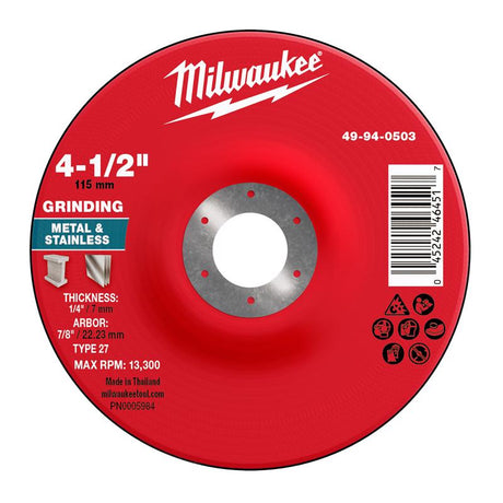 Milwaukee 4.5 in. D X 7/8 in. X 1/4 in. thick Metal Grinding Wheel