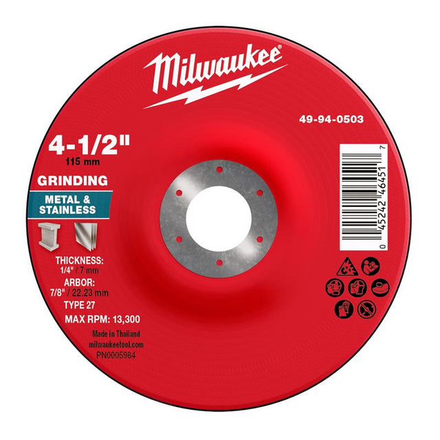 Milwaukee 4.5 in. D X 7/8 in. X 1/4 in. thick Metal Grinding Wheel