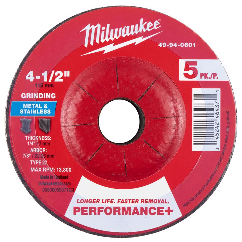 Milwaukee 4.5 in. D X 7/8 in. X 1/4 in. thick Metal Grinding Wheel 5 pk