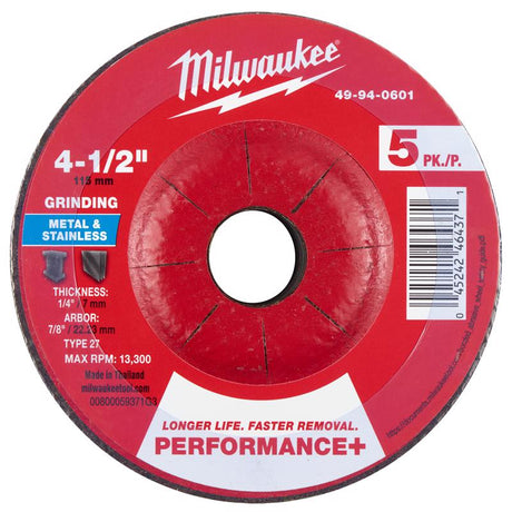 Milwaukee 4.5 in. D X 7/8 in. X 1/4 in. thick Metal Grinding Wheel 5 pk