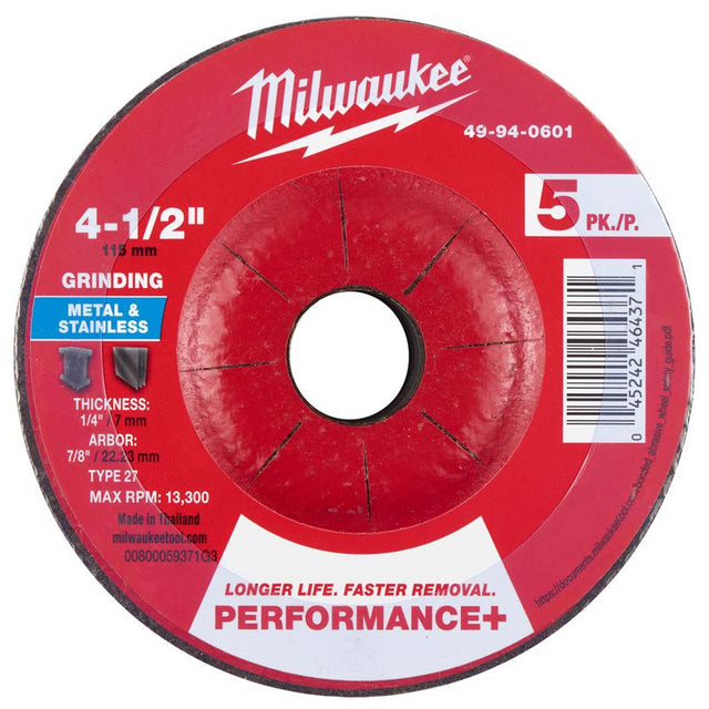 Milwaukee 4.5 in. D X 7/8 in. X 1/4 in. thick Metal Grinding Wheel 5 pk