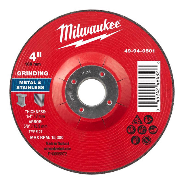 Milwaukee 4 in. D X 5/8 in. X 1/4 in. thick Metal Grinding Wheel