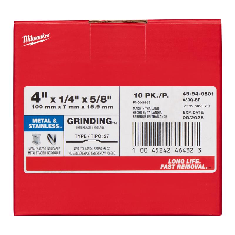 Milwaukee 4 in. D X 5/8 in. X 1/4 in. thick Metal Grinding Wheel