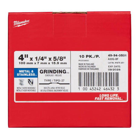Milwaukee 4 in. D X 5/8 in. X 1/4 in. thick Metal Grinding Wheel