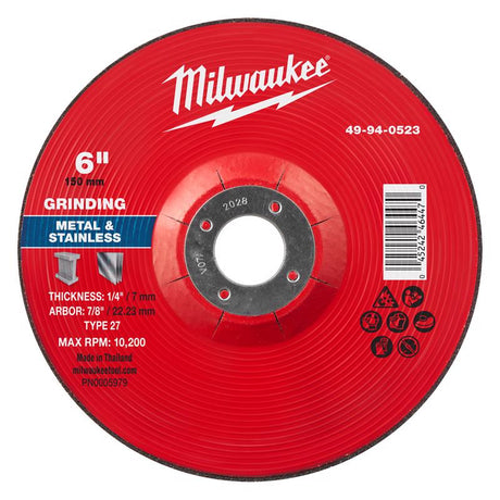 Milwaukee 6 in. D X 7/8 in. X 1/4 in. thick Metal Grinding Wheel