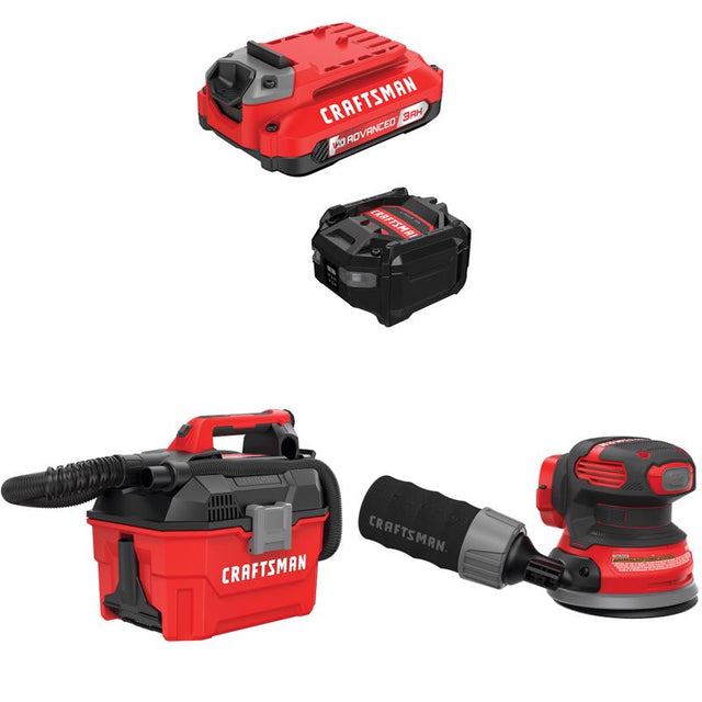 CRAFTSMAN  V20 3Ah Advanced Battery Starter  with 2Gal Wet/Dry Vac with5in Random Orbit Sander