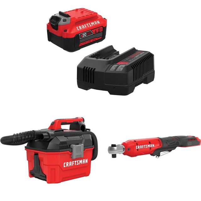 CRAFTSMAN  V20 4Ah  Battery and Charger Starter Kit with 2Gal Wet/Dry Vac with3/8-in  Ratchet