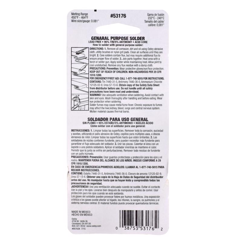Oatey 4 oz Lead-Free Acid Core Wire Solder Tin/Antimony 95/5 1 pc