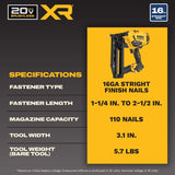 DEWALT 20V MAX XR 16 Ga. Cordless Straight Finish Nailer Tool Only