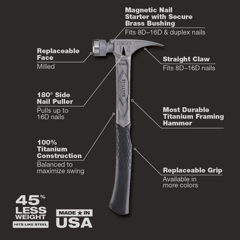 Stiletto 14 oz Milled Face Framing Hammer 18.0 in. Titanium Handle