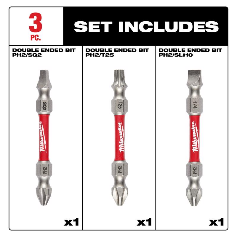 Milwaukee Assorted Double-Ended Screwdriver Bit Set Alloy Steel 3 pc