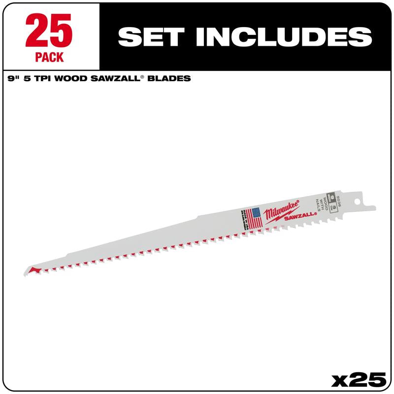 Milwaukee Sawzall 9 in. High Speed Steel Reciprocating Saw Blade 5 TPI 25 pk