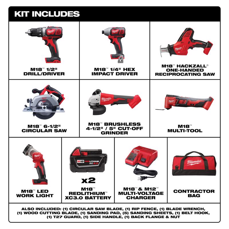 Milwaukee 18V M18 Cordless Brushed 7 Tool Combo Kit