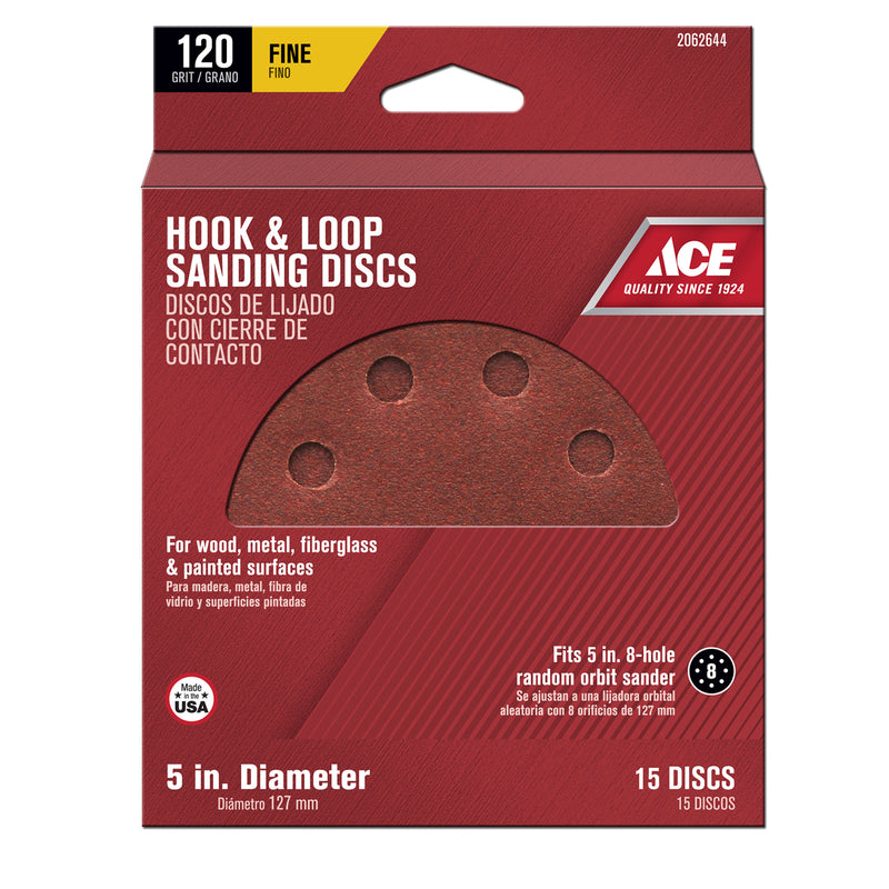 Ace 5 in. Aluminum Oxide Hook and Loop Sanding Disc 120 Grit Fine 15 pk
