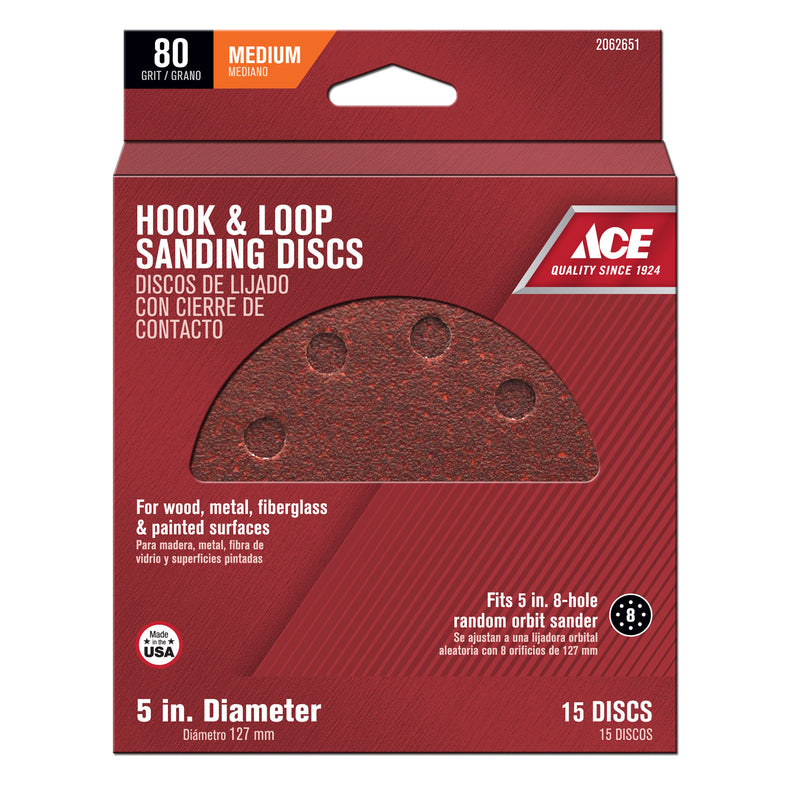 Ace 5 in. Aluminum Oxide Hook and Loop Sanding Disc 80 Grit Medium 15 pk