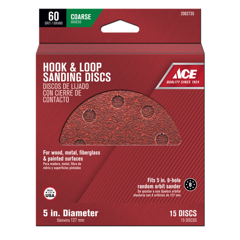 Ace 5 in. Aluminum Oxide Hook and Loop Sanding Disc 60 Grit Coarse 15 pk
