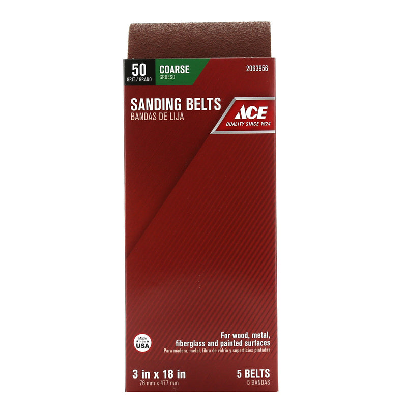 Ace 18 in. L X 3 in. W Aluminum Oxide Sanding Belt 50 Grit Coarse 5 pc