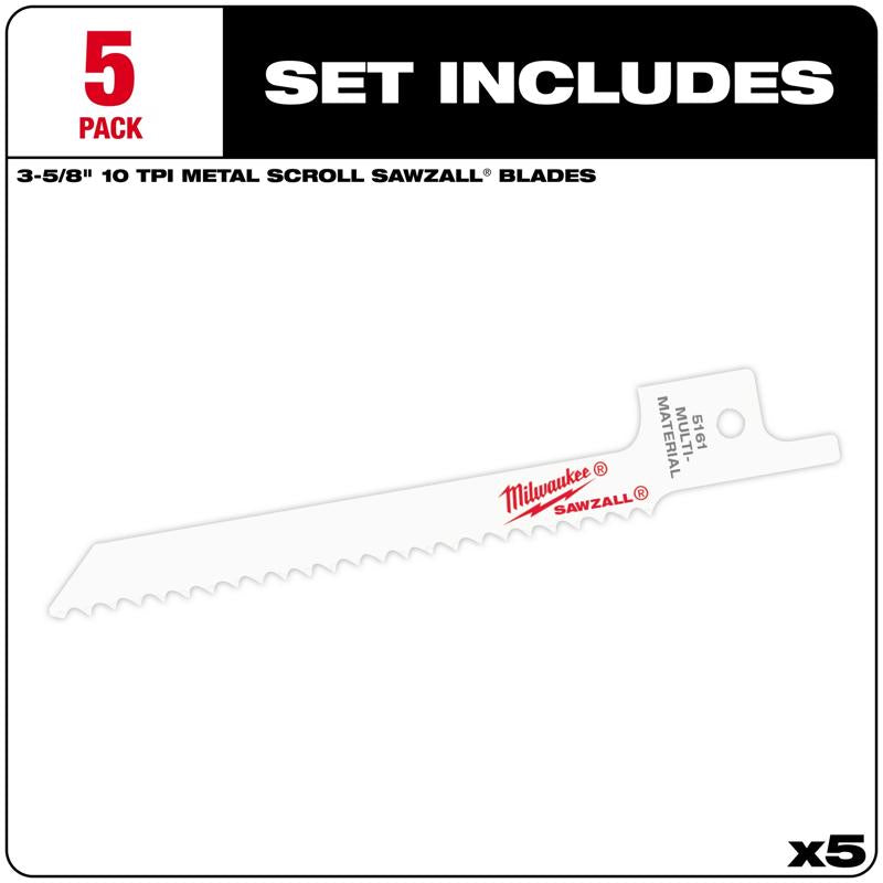 Milwaukee SAWZALL 3-5/8 in. Bi-Metal SUPER Reciprocating Saw Blade 10 TPI 5 pk