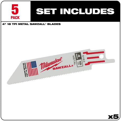 Milwaukee SAWZALL 4 in. Bi-Metal Double Duty Upgrade Reciprocating Saw Blade 18 TPI 5 pk