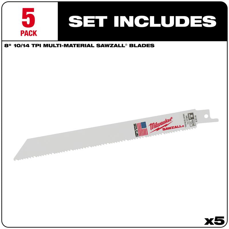 Milwaukee Sawzall 8 in. Bi-Metal Double Duty Upgrade Reciprocating Saw Blade 10/14 TPI 5 pk