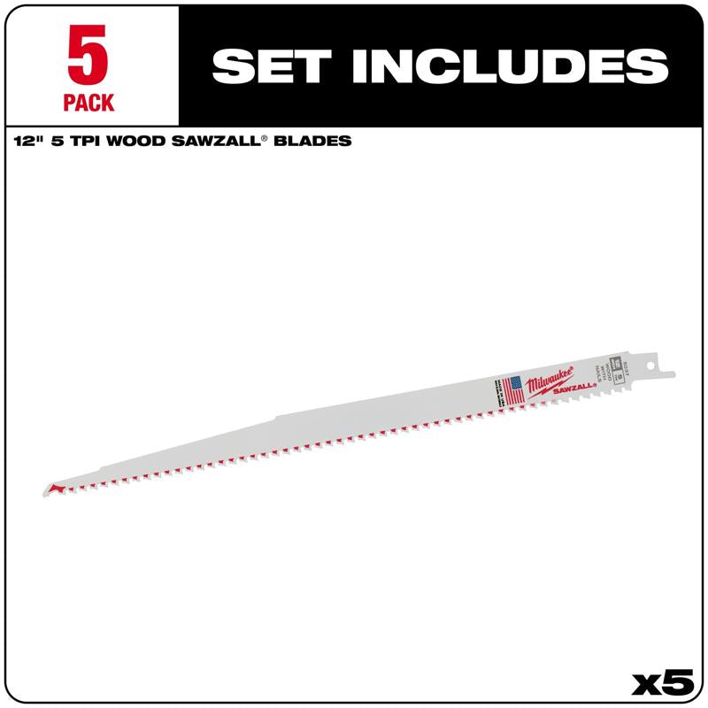 Milwaukee Sawzall 12 in. Bi-Metal Thin Kerf Reciprocating Saw Blade 5 TPI 5 pk